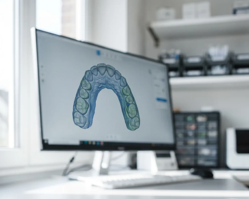 A digital dental workflow shown on screen in the lab